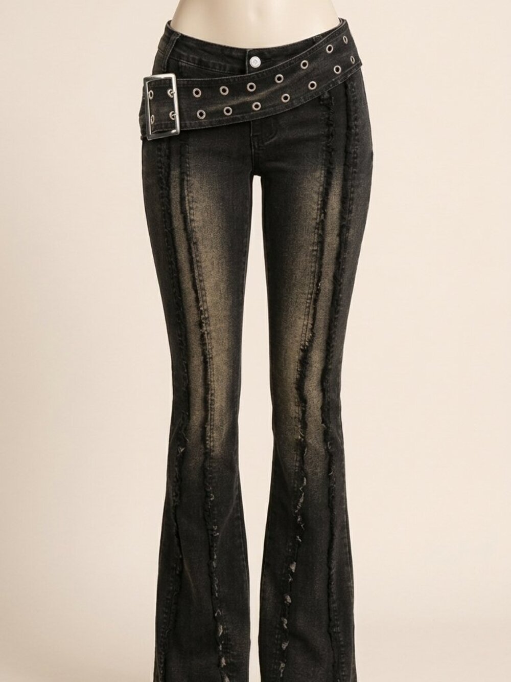 YY Fashion Black Low Waist Bootcut Stretch Jeans Frayed Hem Sunflower S